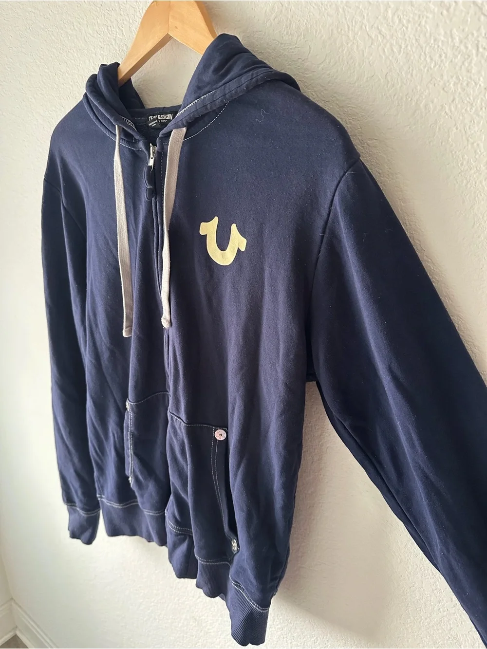 True Religion‎ Mens Navy Blue World Tour Buddha Full Zip Hoodie Horseshoe Logo L